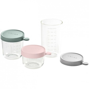 Set 3 recipiente sticla Beaba Eucalyptus, 150/250/400ml, Roz/Gri Set 3 recipiente sticla Beaba Eucalyptus, 150/250/400ml, Roz/Gri