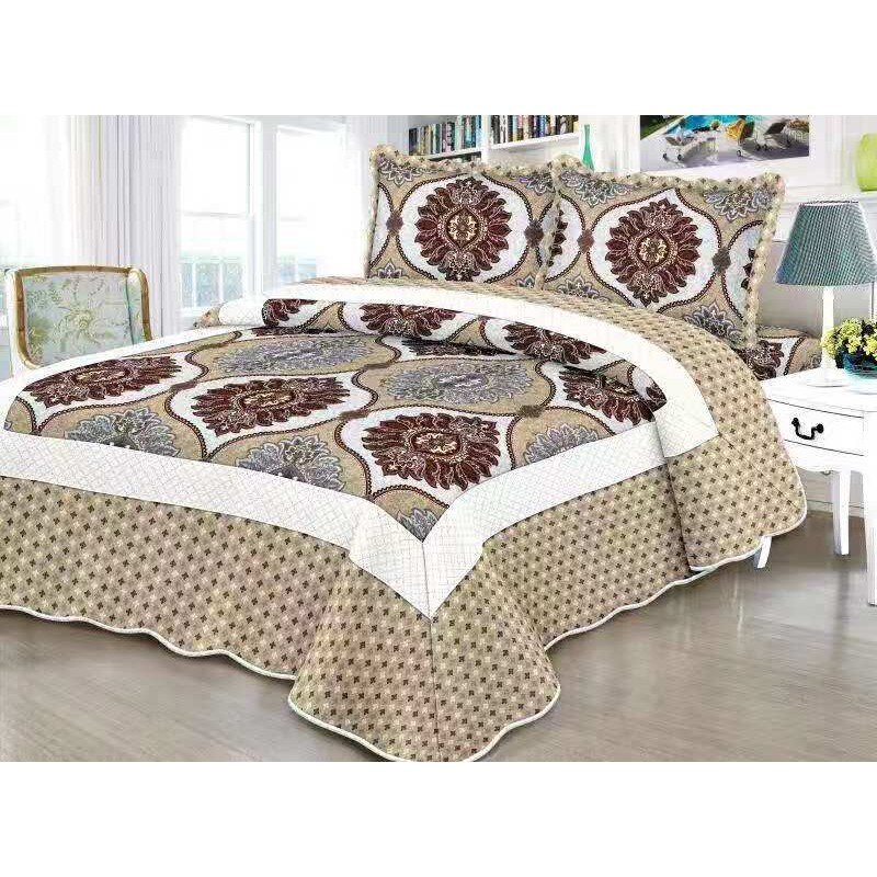 Cuvertura de pat din finet , imprimata, 3 piese , culoare bej/bordo