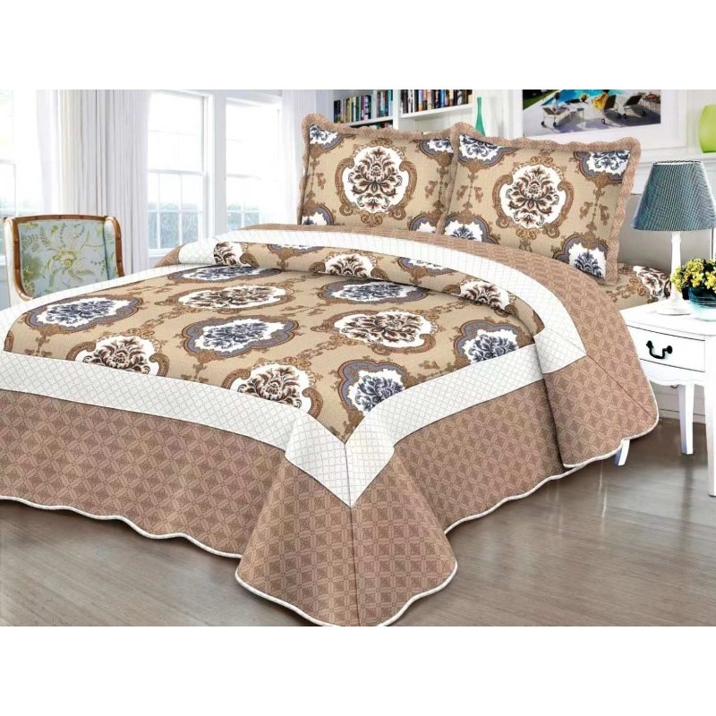 Cuvertura de pat din finet , imprimata, 3 piese , culoare bej/bleu