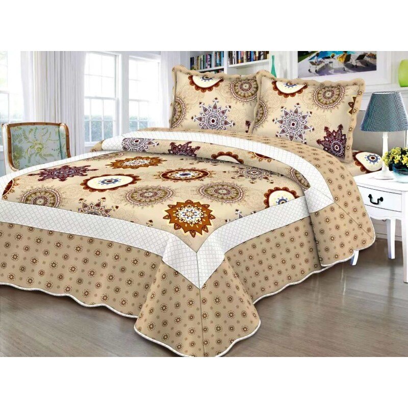 Cuvertura de pat din finet , imprimata, 3 piese , culoare bej inchis