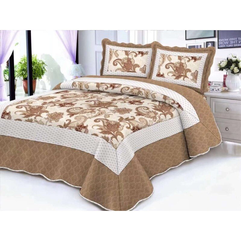 Cuvertura de pat din finet , imprimata, 3 piese , culoare bej