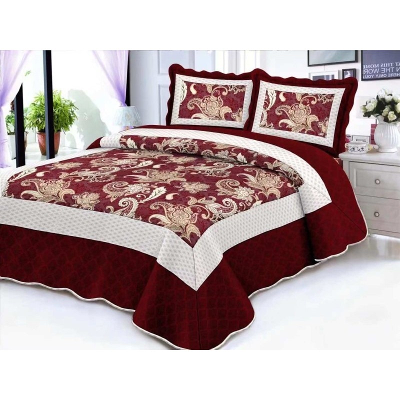 Cuvertura de pat din finet , imprimata, 3 piese , culoare bordo