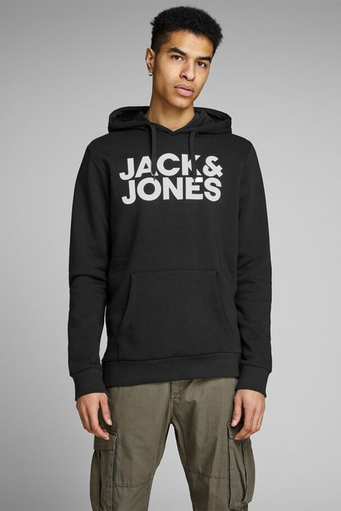 Jack & Jones, Худи с джоб кенгуру и лого, Бял/Черен