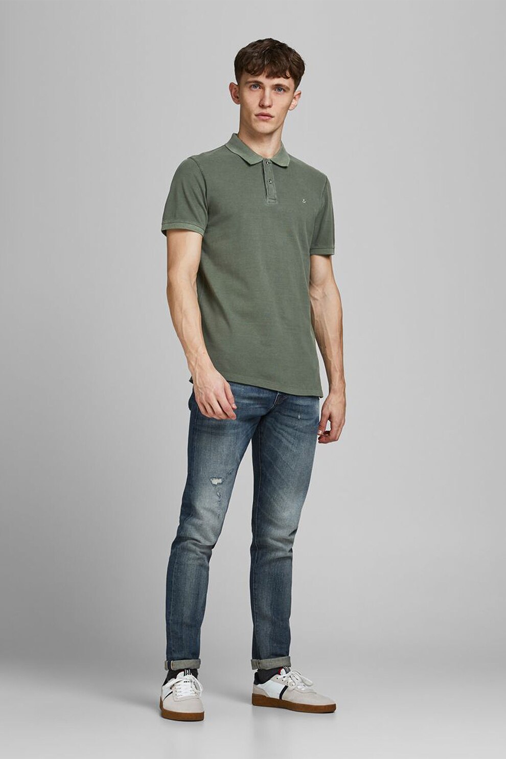 Jack&Jones, Tricou polo slim fit cu detaliu brodat, Verde feriga
