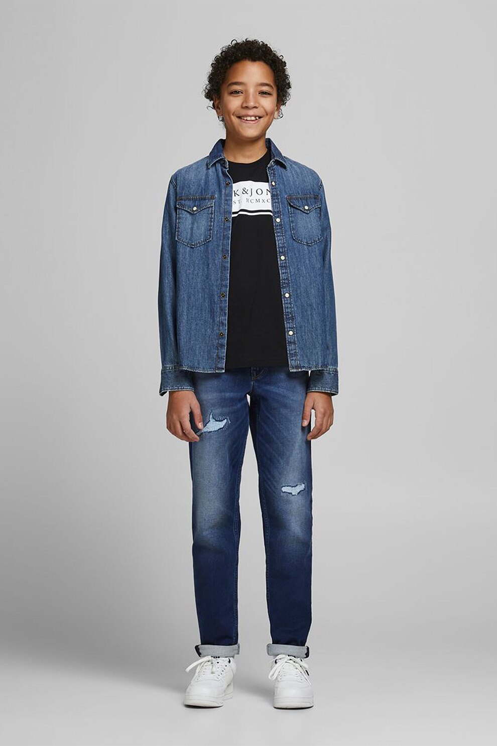 Jack&Jones, Blugi slim fit cu detalii cu aspect deteriorat Glenn, Albastru inchis, 140 CM