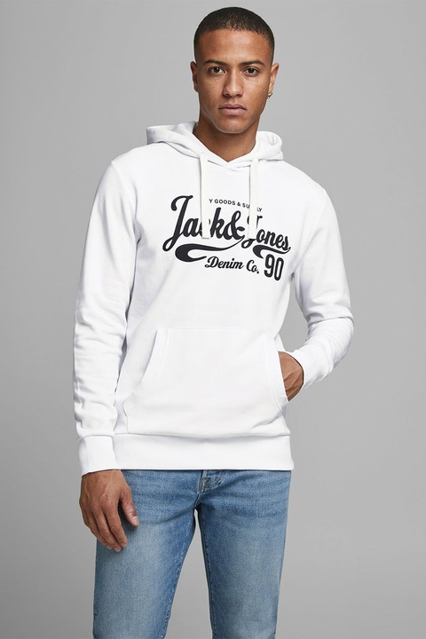 Jack & Jones, Heros logómintás kapucnis pulóver, Fehér/Fekete, L