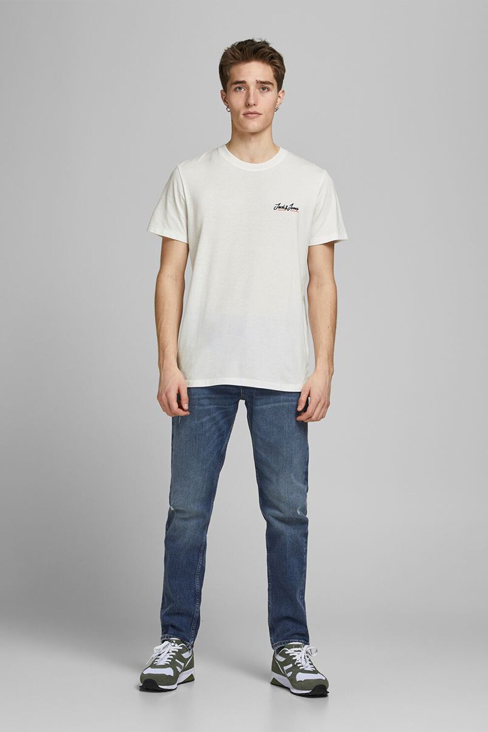 Jack&Jones, Tricou cu decolteu la baza gatului si logo pe piept Tons, Alb prafuit