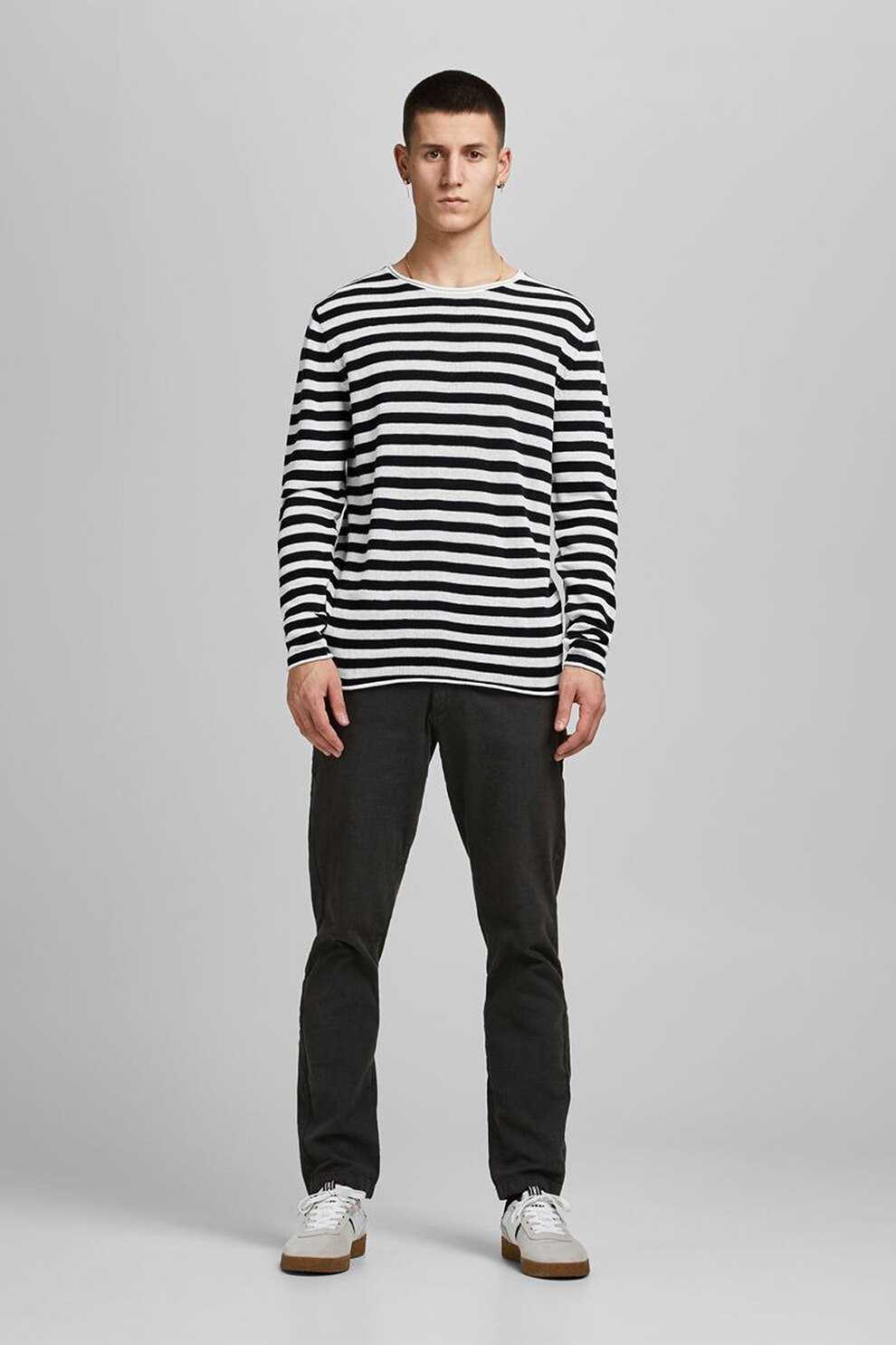 Jack&Jones, Pulover din amestec de in, tricotat fin, Alb/Bleumarin inchis, M