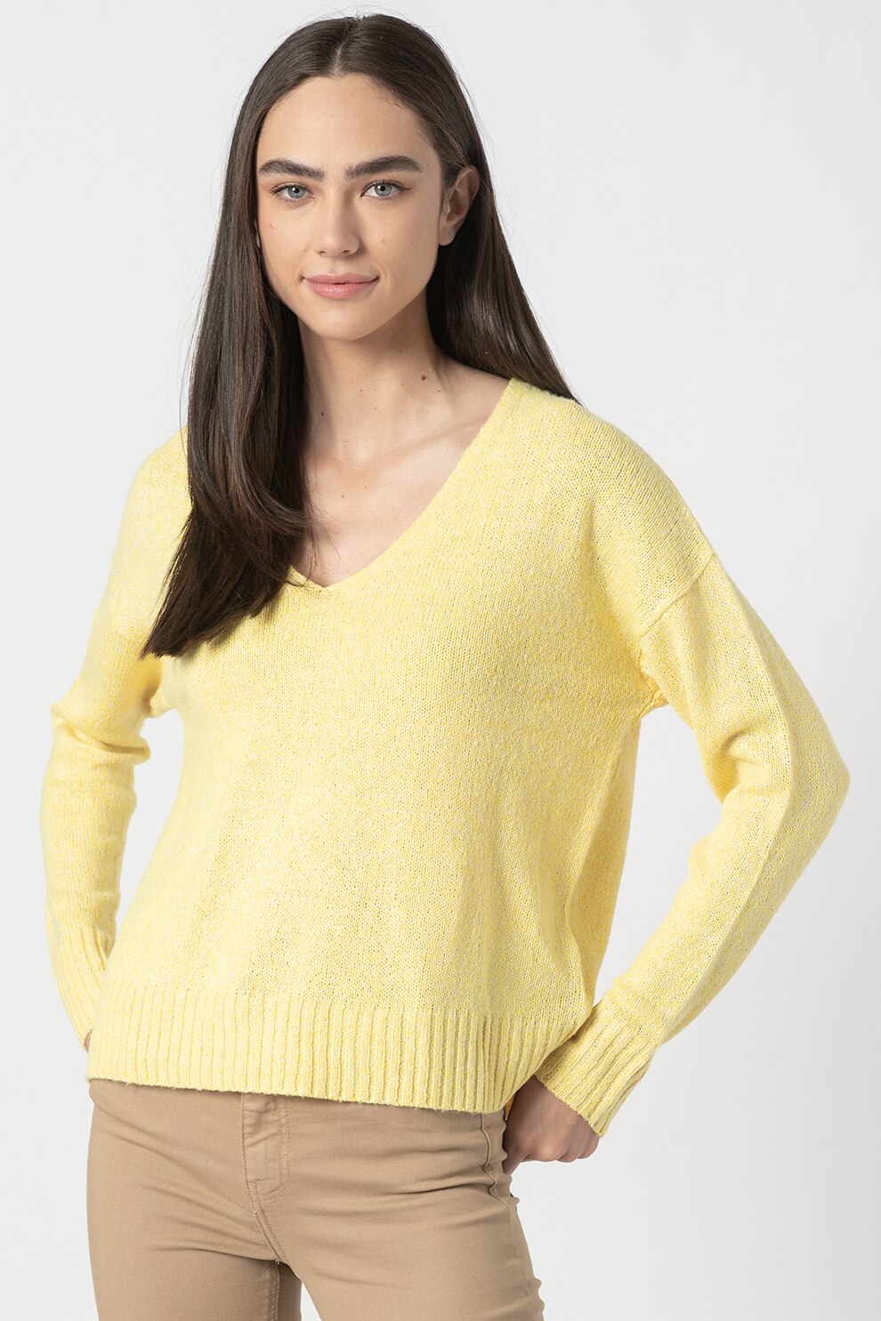 JdY, Pulover tricotat cu decolteu in V Gitta, Galben pai, S