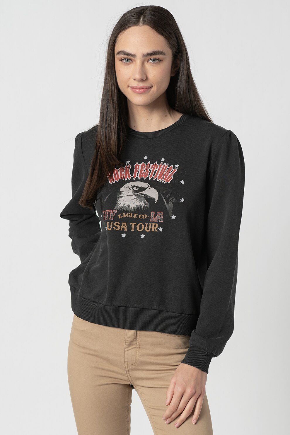 JdY, Bluza sport cu decolteu la baza gatului si imprimeu Amy, Negru fad, rosu, gri deschis