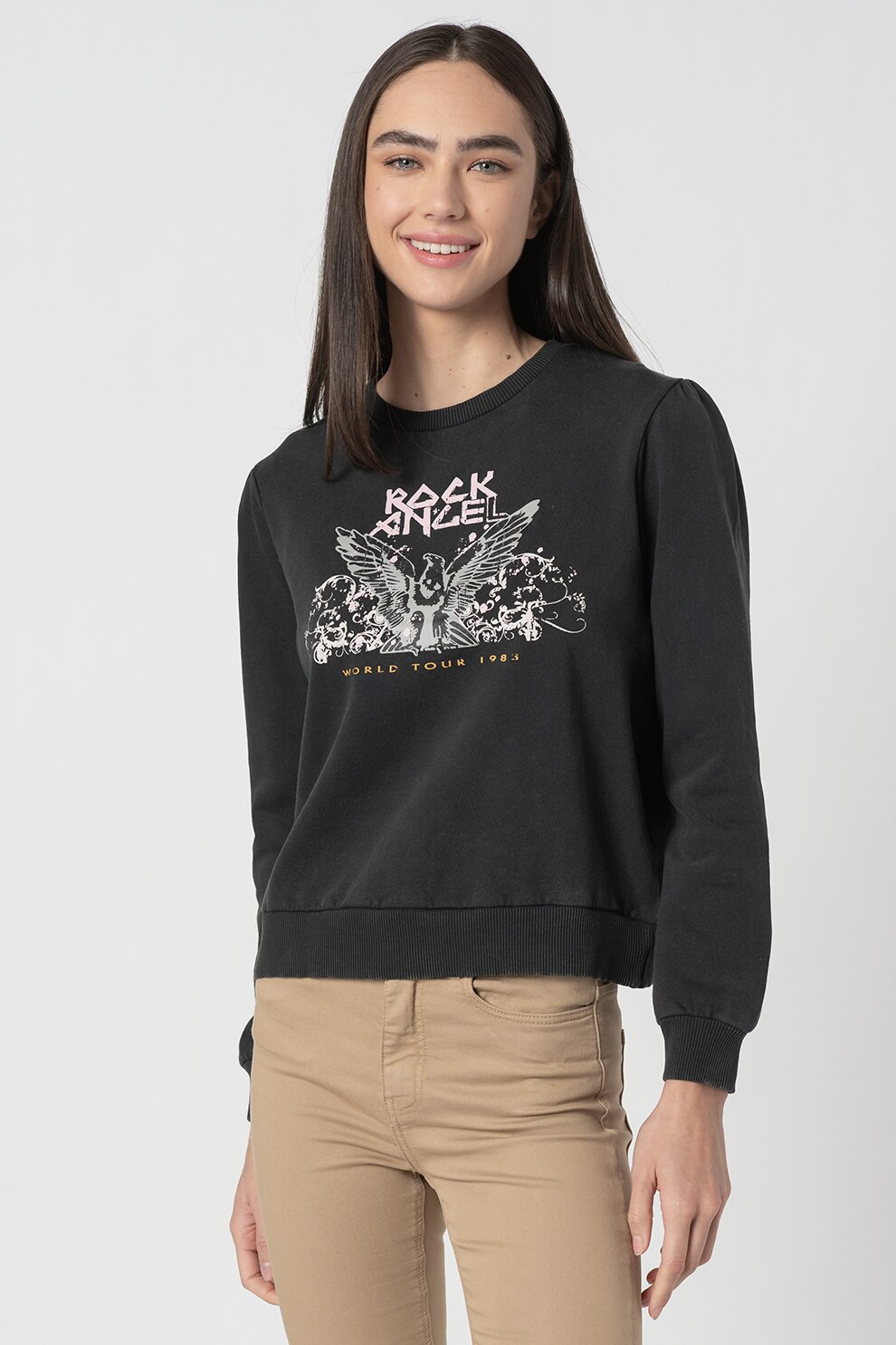 JdY, Bluza sport cu decolteu la baza gatului si imprimeu Amy, Negru stins/Roz/Alb