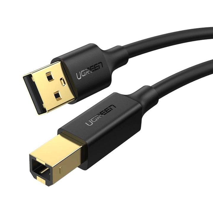Cablu de imprimanta, UGREEN, US135, USB A 2.0 la USB B 2.0, Conectori placati cu aur 24k, 480 Mb/s, Lungime 150 cm, Negru