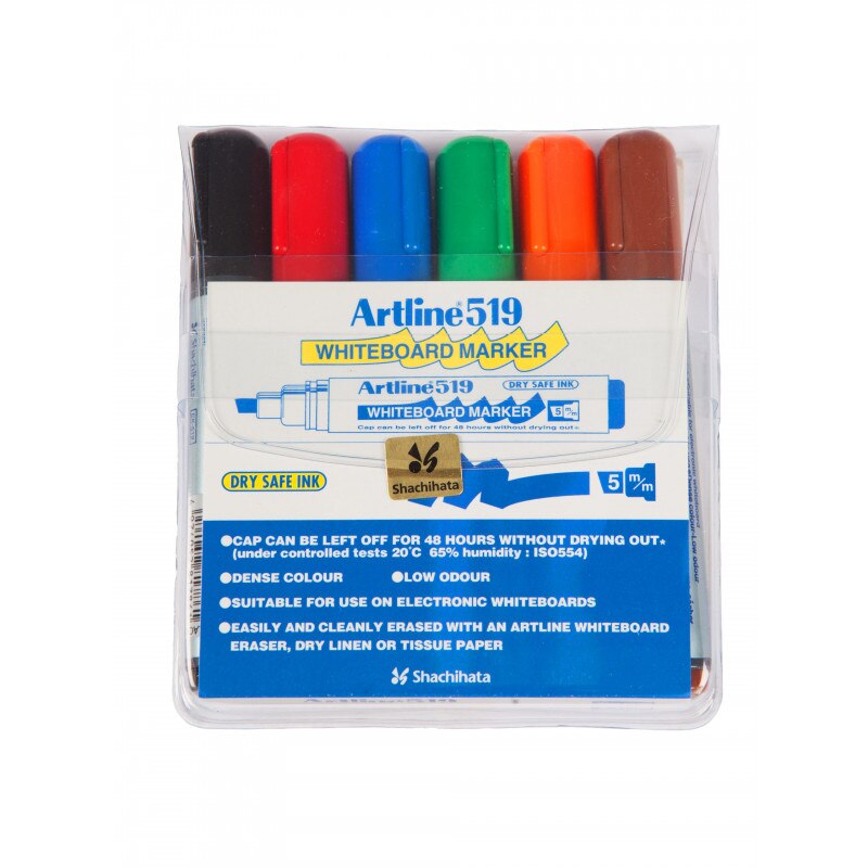 Marker pentru tabla de scris ARTLINE 519 - Dry safe ink, varf tesit 2.0-5.0mm, 6 culori/set