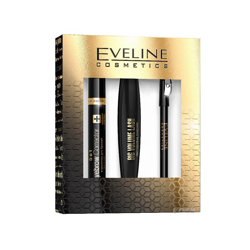 Set Eveline Cosmetics Mascara Big Volume Deep Black, 10 ml + Corector pentru sprancene, 9 ml + Creion Kajal eyeliner negru, 4 g