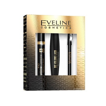 Set Eveline Cosmetics Mascara Big Volume Deep Black, 10 ml + Corector pentru sprancene, 9 ml + Creion Kajal eyeliner negru, 4 g Set Eveline Cosmetics Mascara Big Volume Deep Black, 10 ml + Corector pentru sprancene, 9 ml + Creion Kajal eyeliner negru, 4 g