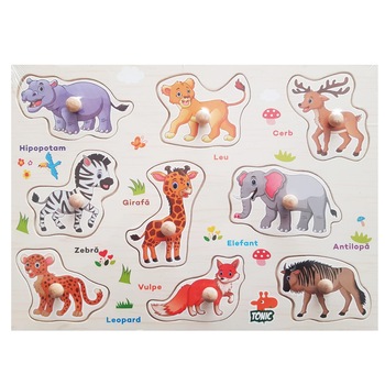 Puzzle lemn, tablita incastru in limba romana, animale salbatice, 9 piese, eduBebe, M1-113AS Puzzle lemn, tablita incastru in limba romana, animale salbatice, 9 piese, eduBebe, M1-113AS