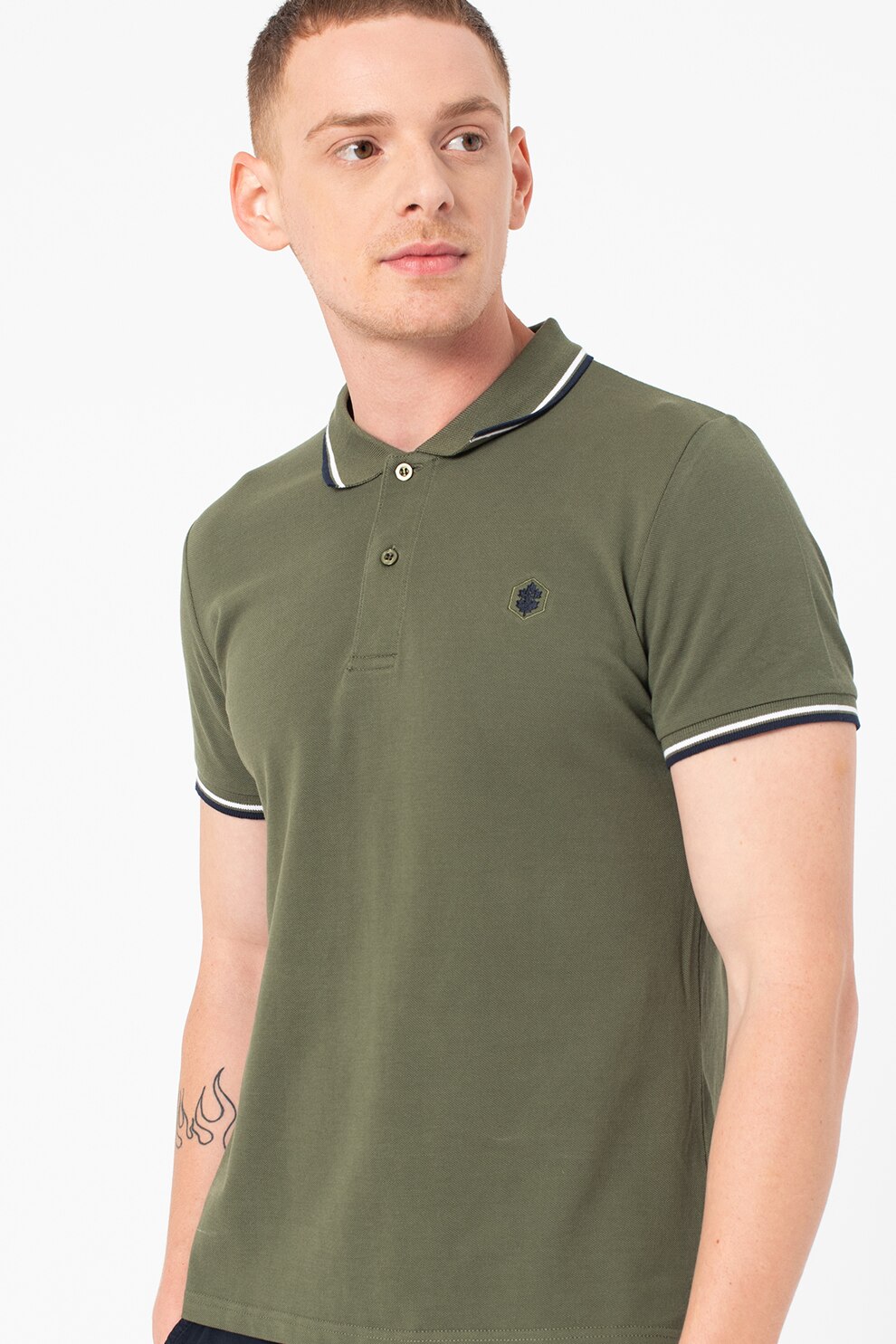 Lumberjack, Tricou polo din material pique cu garnituri contrastante, Verde militar/Bleumarin/Alb