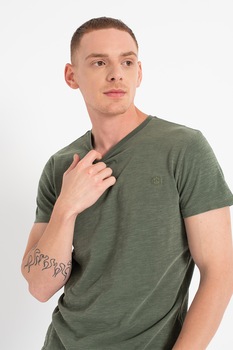 Lumberjack, Tricou cu decolteu la baza gatului si logo brodat, Verde inchis melange Lumberjack, Tricou cu decolteu la baza gatului si logo brodat, Verde inchis melange