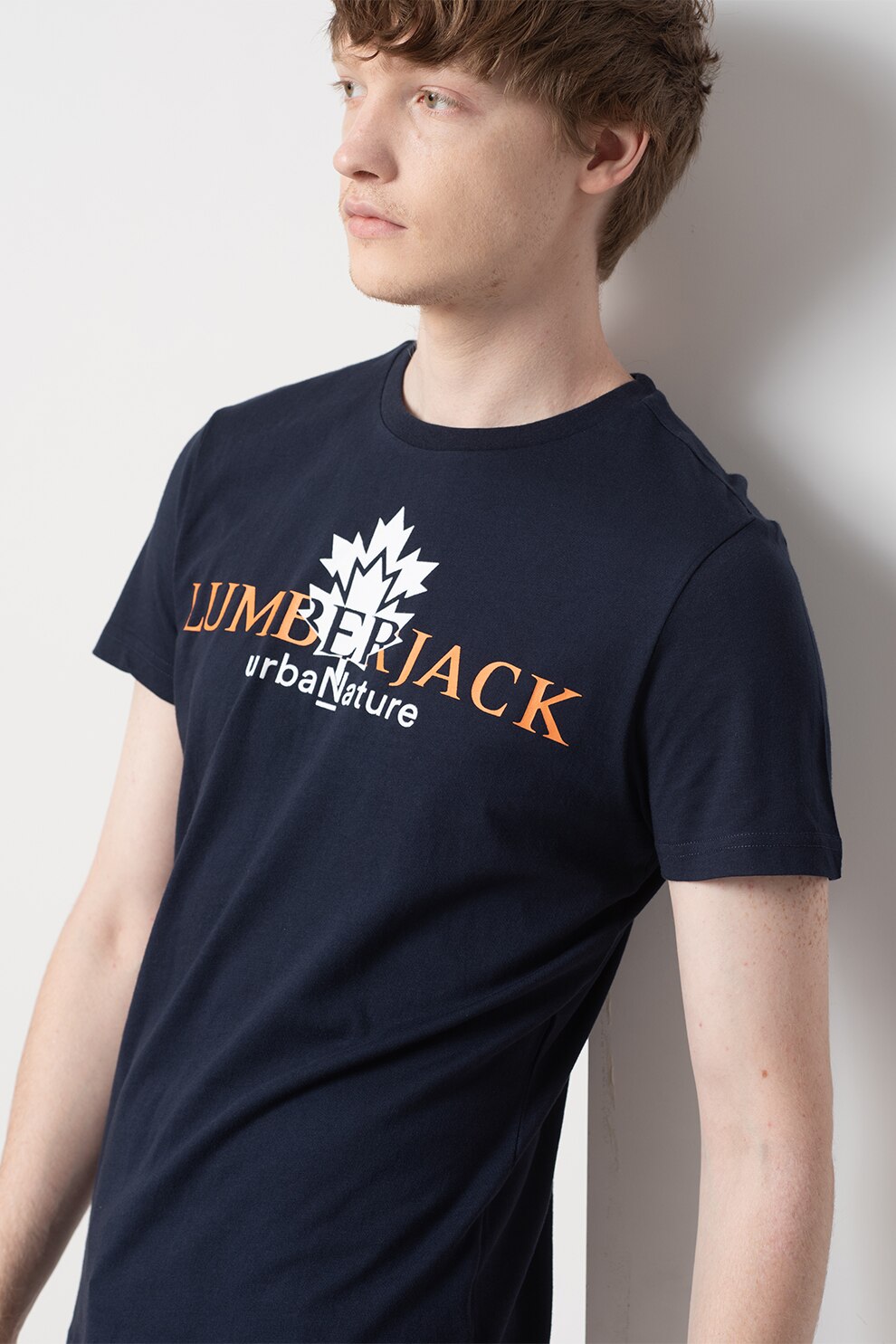 Lumberjack, Tricou cu decolteu la baza gatului si imprimeu logo, Bleumarin