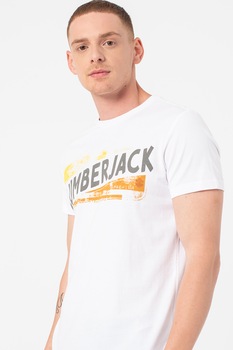 Lumberjack, Tricou cu decolteu la baza gatului si imprimeu logo, Alb optic/galben mustar/gri Lumberjack, Tricou cu decolteu la baza gatului si imprimeu logo, Alb optic/galben mustar/gri