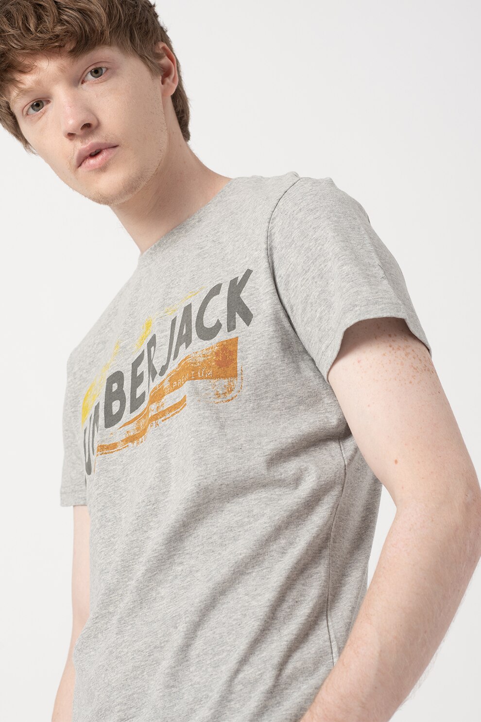 Lumberjack, Tricou cu decolteu la baza gatului si imprimeu logo, Gri deschis