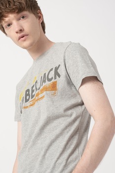 Lumberjack, Tricou cu decolteu la baza gatului si imprimeu logo, Gri deschis Lumberjack, Tricou cu decolteu la baza gatului si imprimeu logo, Gri deschis