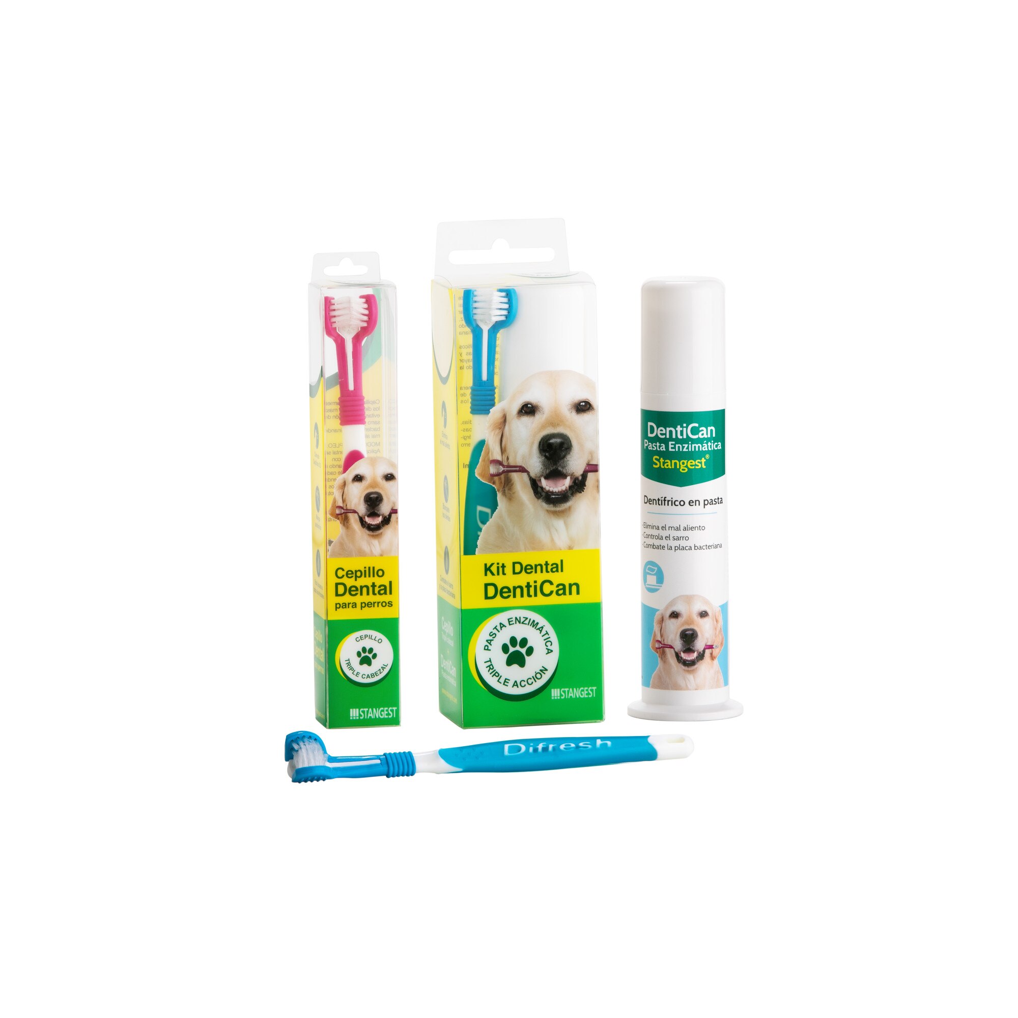 Set pasta de dinti enzimatica cu papain si periuta cu cap triplu flexibil Stangest Denti Can, Pentru caini, 100 ml