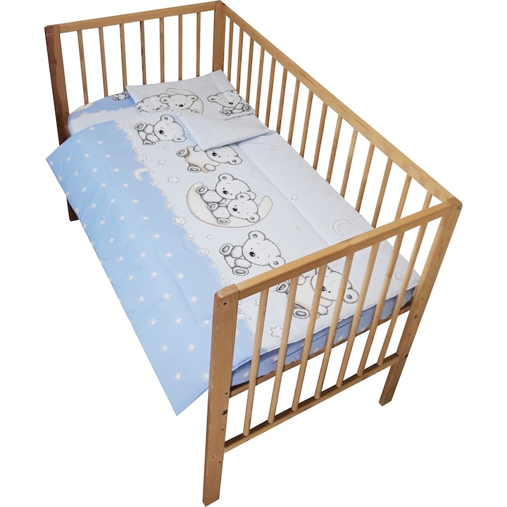 Lenjerie patut bebe 3 piese ursuletul pe semiluna albastru