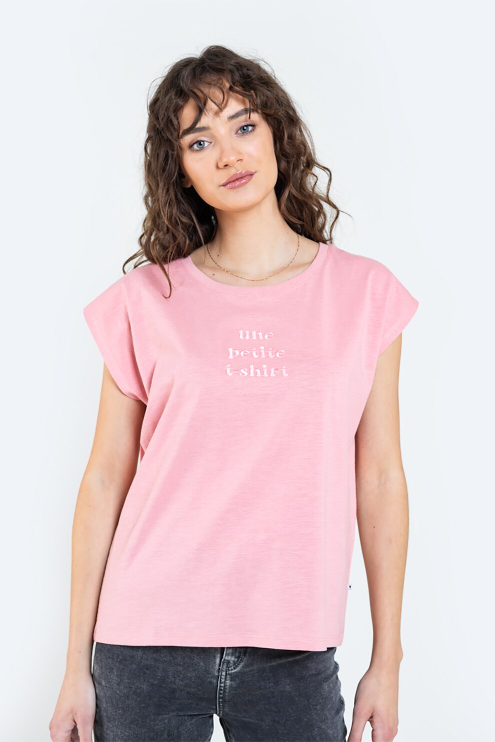 Big Star, Tricou cu decolteu la baza gatului si text brodat, Roz/Alb, S