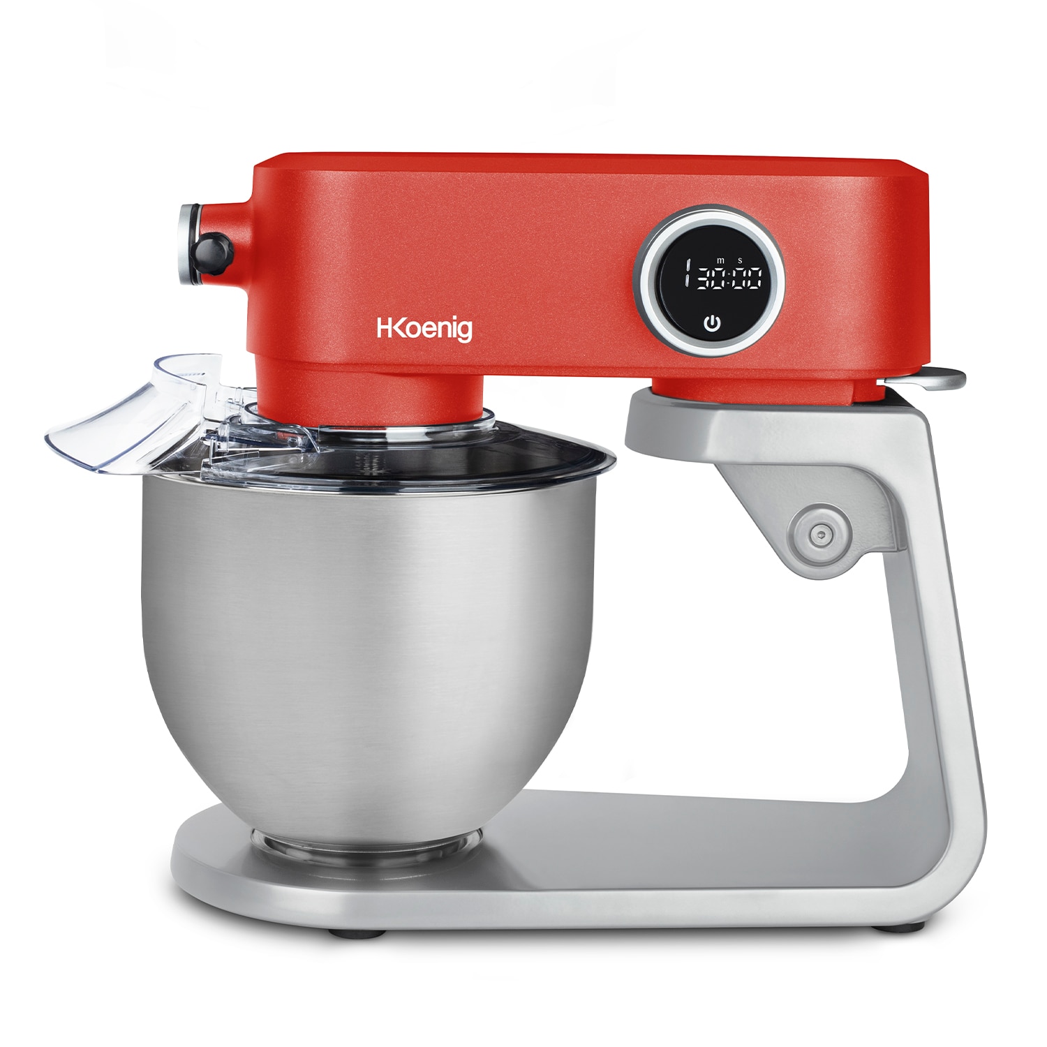 Mixer multifunctional de bucatarie H.Koenig, KM124, ideal pentru framantarea aluatului, capacitate mare, 5 L, brat ajustabil, 8 viteze, afisaj digital, timer, accesorii incluse, argintiu/rosu