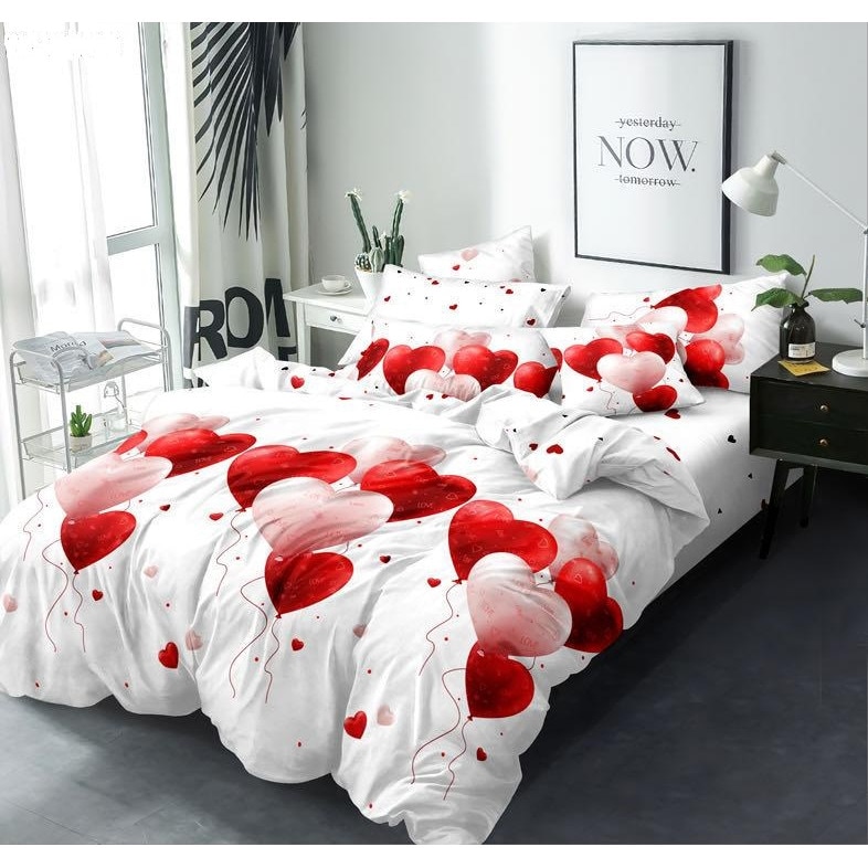 Set pentru pat din finet gros, 6 piese, JOJO HOME cu 2 fete,Imprimeu Inimi din Baloane Rosii,Roze