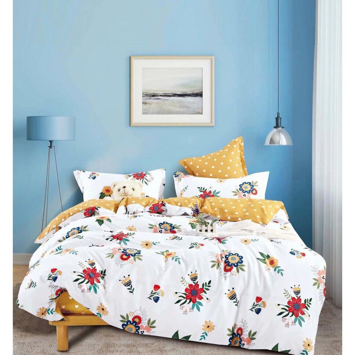 Lenjerie de pat din finet gros, 6 piese, JOJO HOME cu 2 fete cu Imprimeu Flori