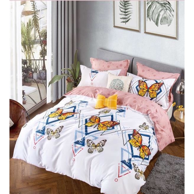 Lenjerie de pat din finet gros, 6 piese, JOJO HOME cu 2 fete,imprimeu Fluturi,Culoare Alb cu Roz pal