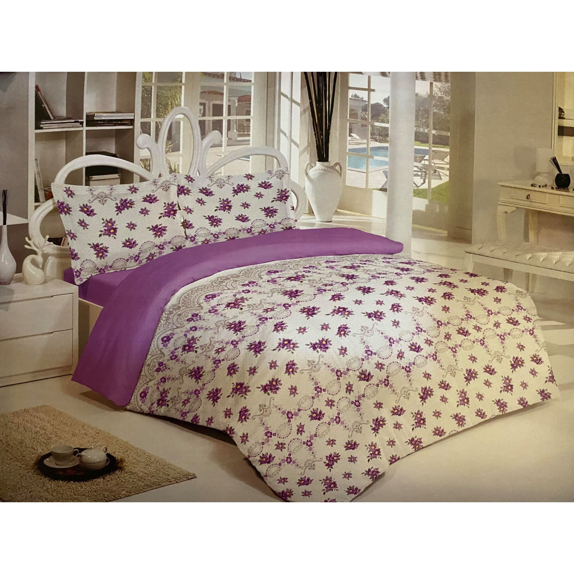 Lenjerie de pat din bumbac , Morris Alecsander , 4 piese , 220 x 240 , culoare alb/mov