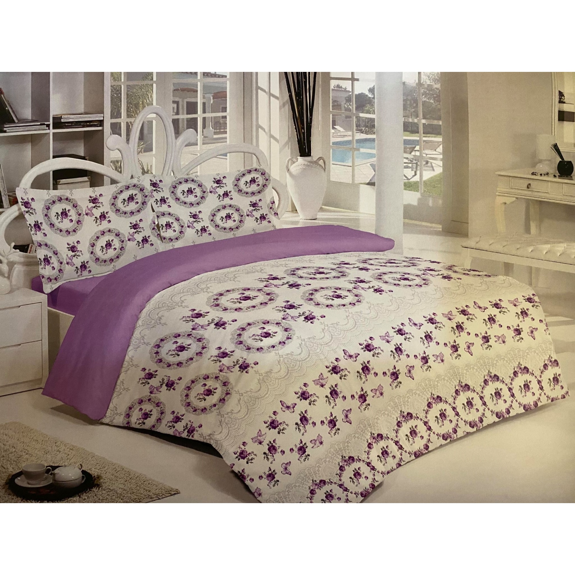 Lenjerie de pat din bumbac , Morris Alecsander , 4 piese , 220 x 240 , culoare alb/lila