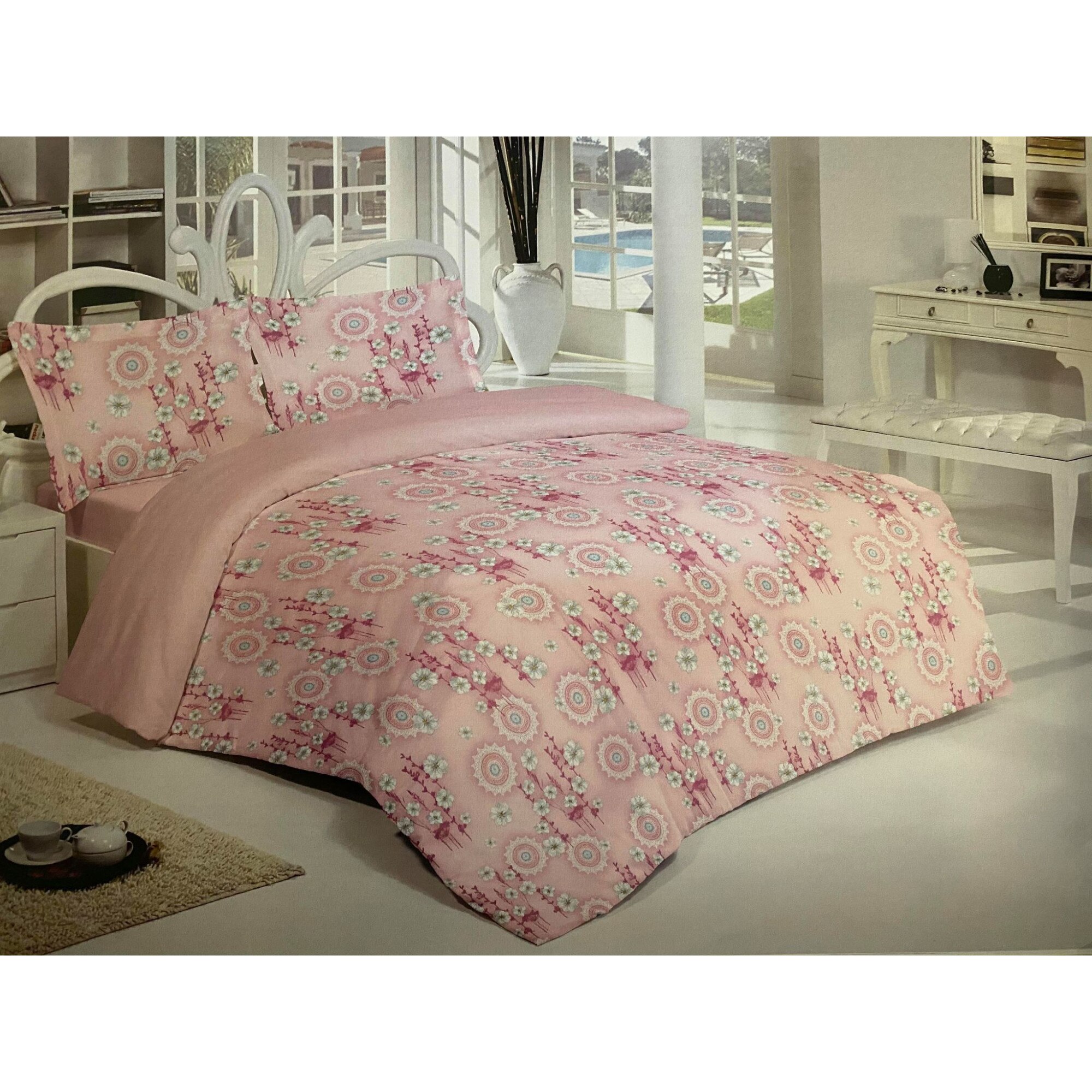 Lenjerie de pat din bumbac , Morris Alecsander , 4 piese , 220 x 240 , culoare roz