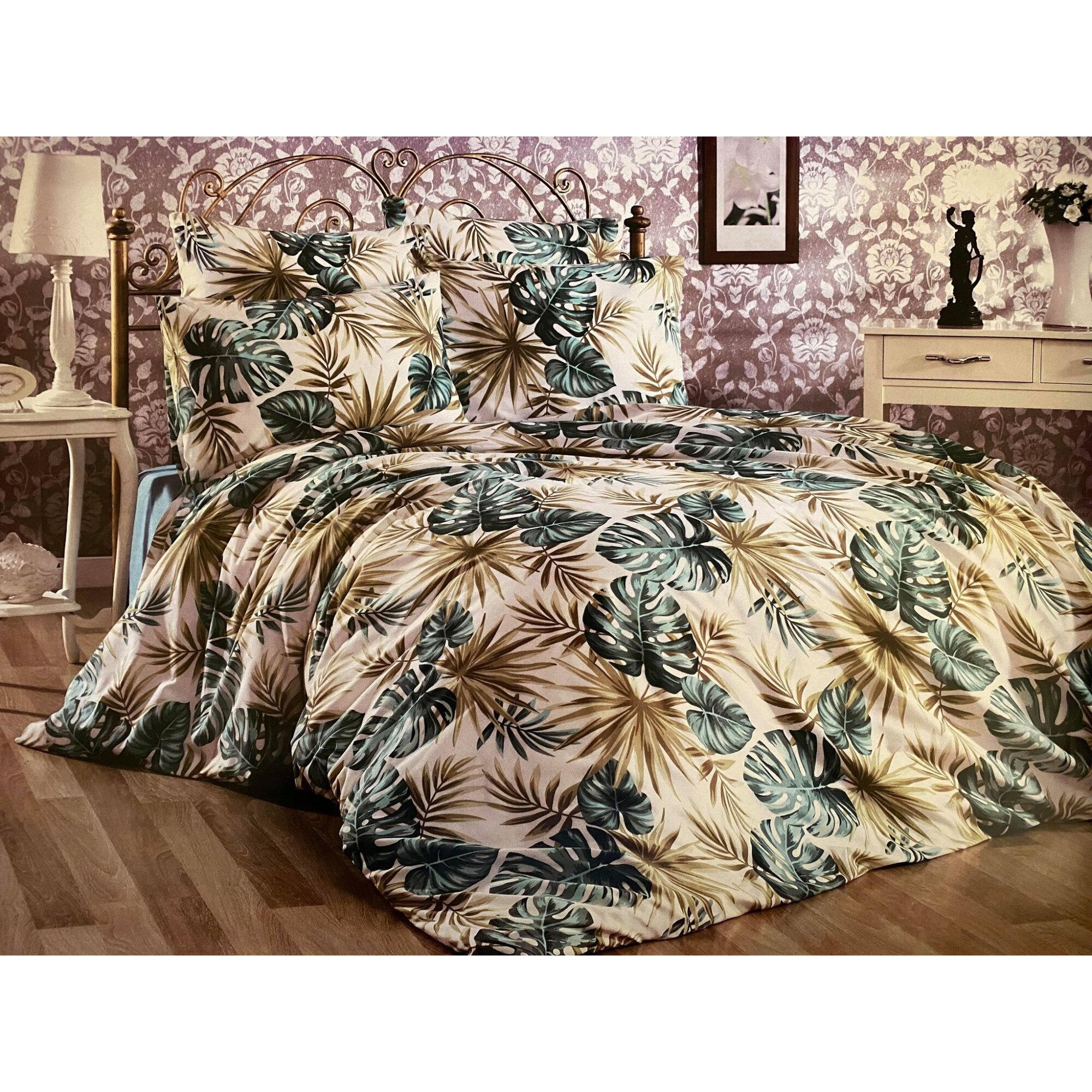 Lenjerie de pat din bumbac , Morris Alecsander , 4 piese , 220 x 240 , culoare bej/verde