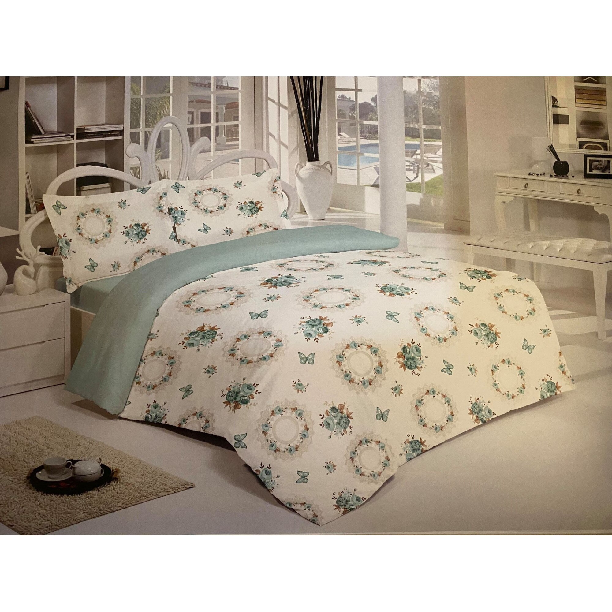 Lenjerie de pat din bumbac , Morris Alecsander , 4 piese , 220 x 240 , culoare alb/vernil