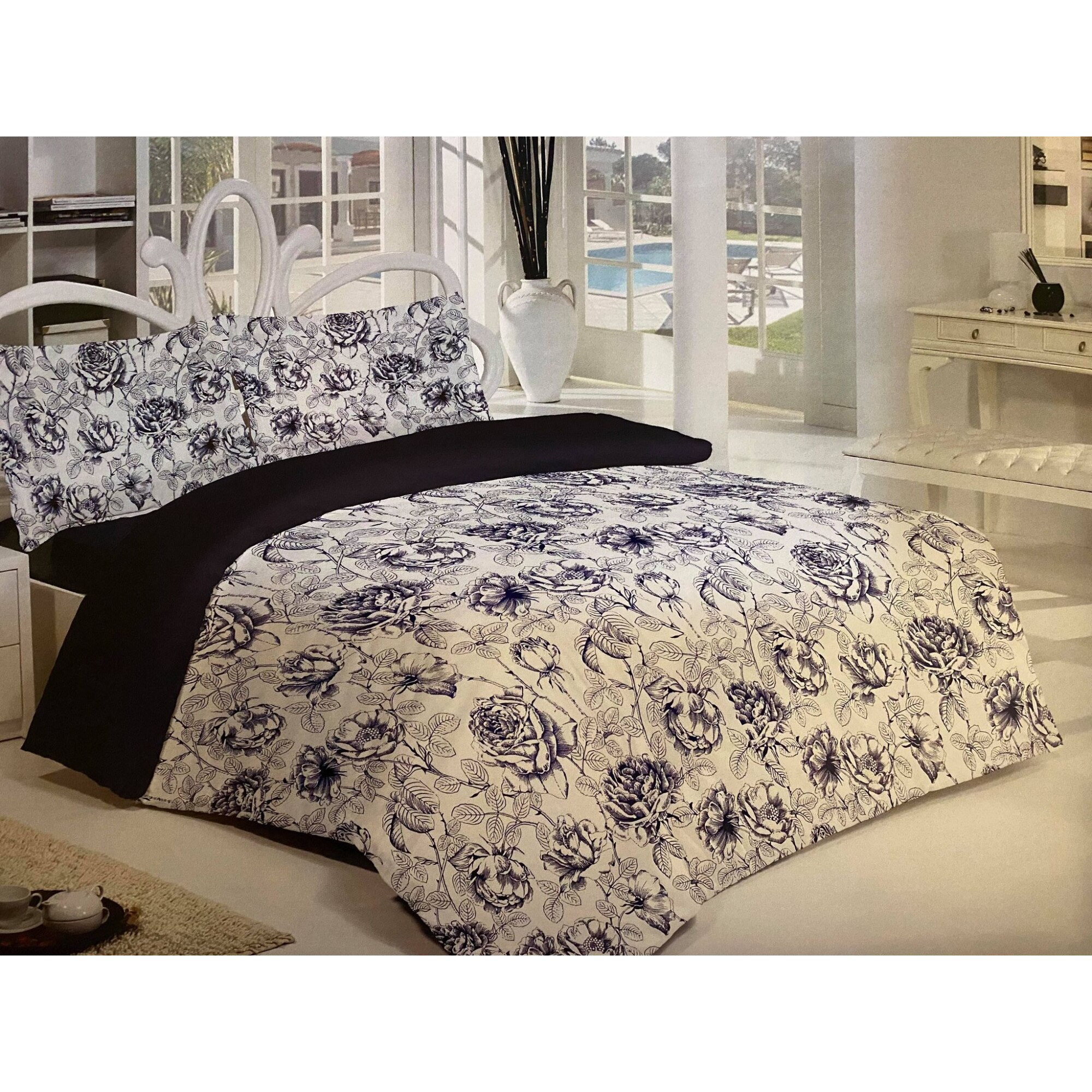 Lenjerie de pat din bumbac , Morris Alecsander , 4 piese , 220 x 240 , culoare alb/albastru