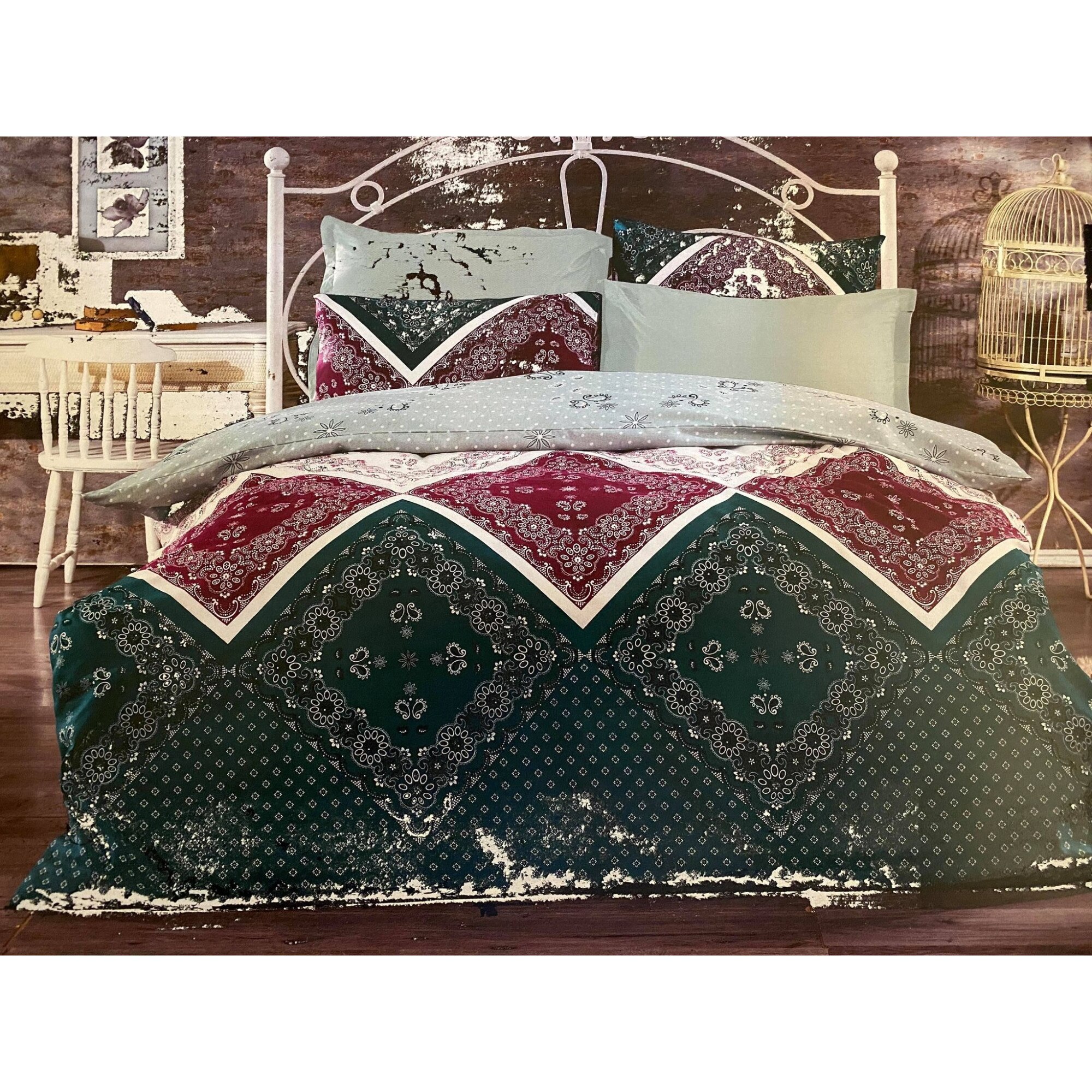 Lenjerie de pat din bumbac , Morris Alecsander , 4 piese , 220 x 240 , culoare verde