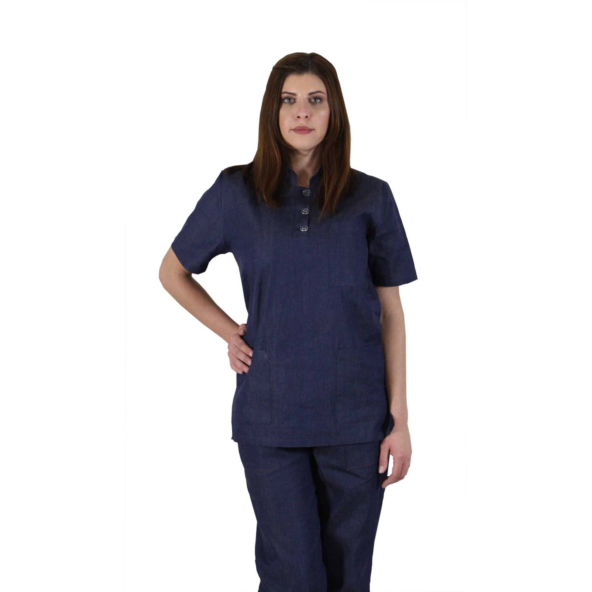 Bluza, PRIMA, Unisex, maneca scurta, 3 buzunare, inchidere tip tunica cu 3 nasturi, Denim, Marimea S