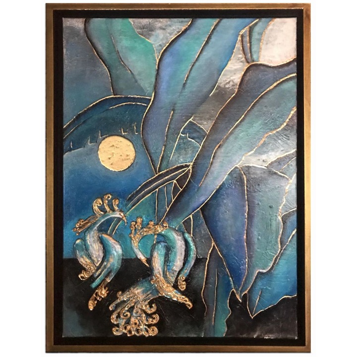 Tablou pictat manual, modelaj lut, pereche de pasari exotice, 55x75cm