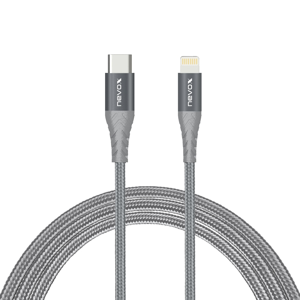 Cablu de incarcare si date impletit Nevox , USB-C la Lightning, certificat MFi, Nylon, 2m, argintiu