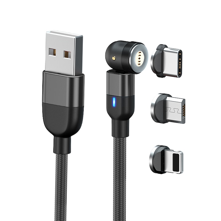 Adat- és töltőkábel 3 az 1-ben, Gyorstöltés 3A, Fekete, USB-C, Világítás, Micro-USB, 1M