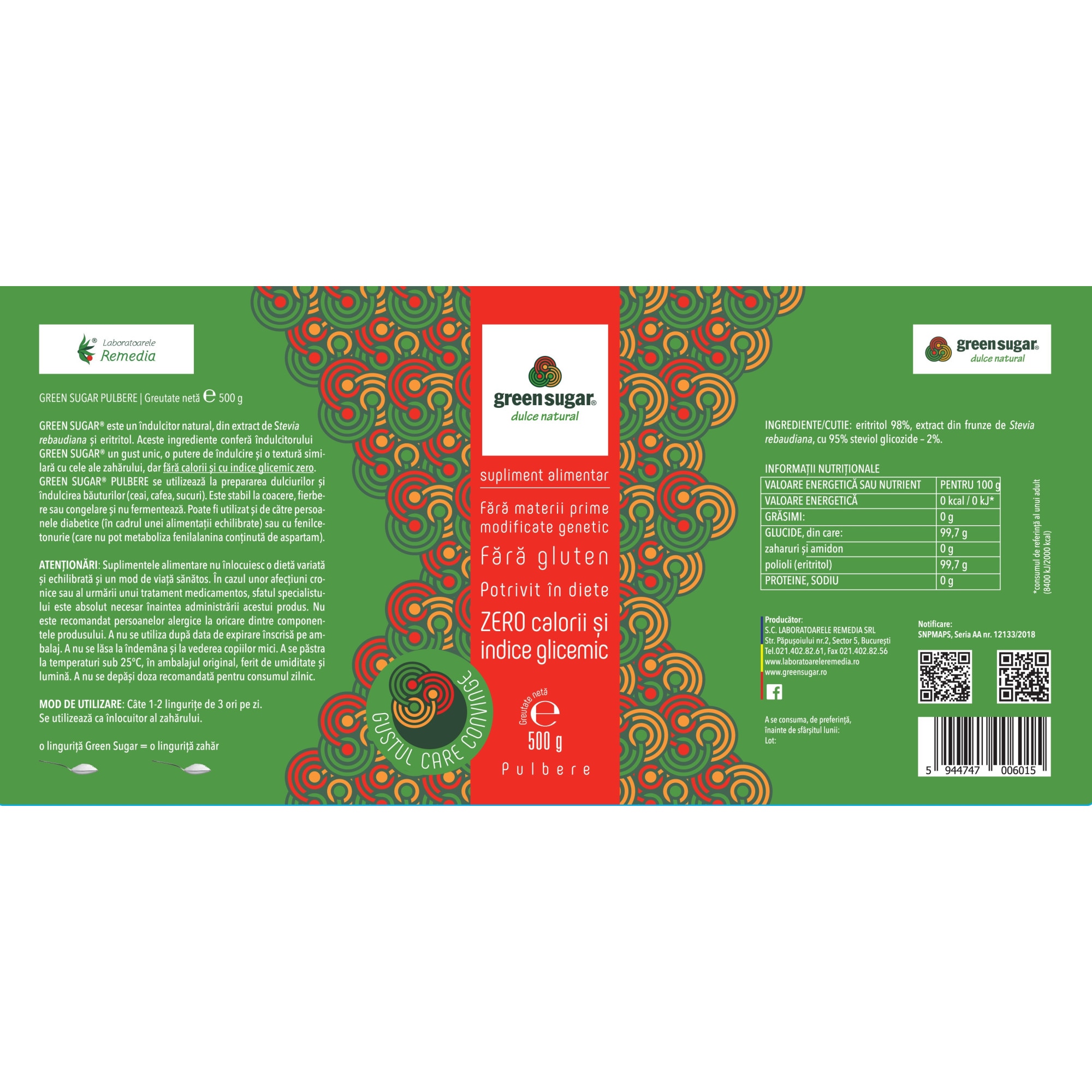 Indulcitor Green Sugar natural, Green Sugar, 500g cutie metalica