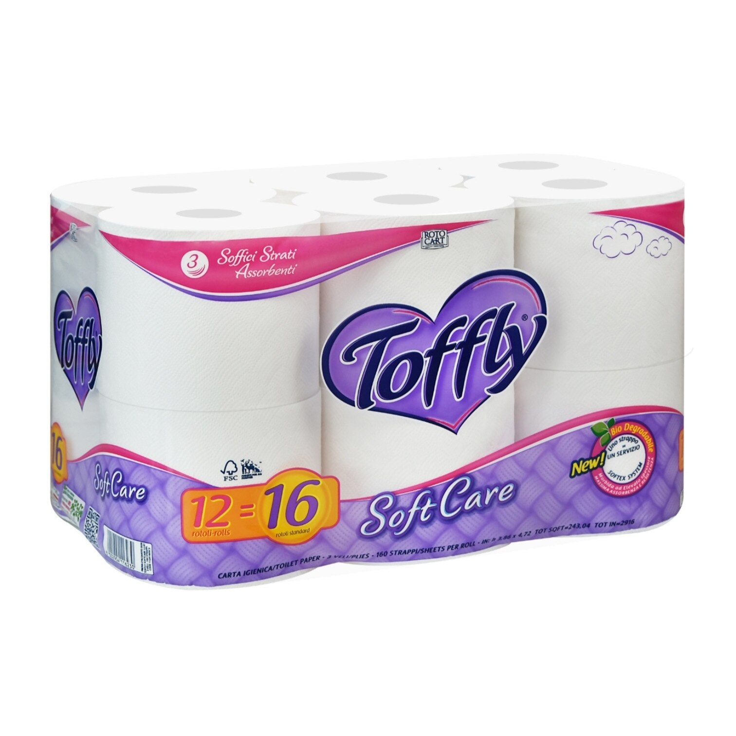 Hartie igienica TOFFLY SoftCare, 12 role, 3 straturi, 100% celuloza pura, alba, certificata FSC