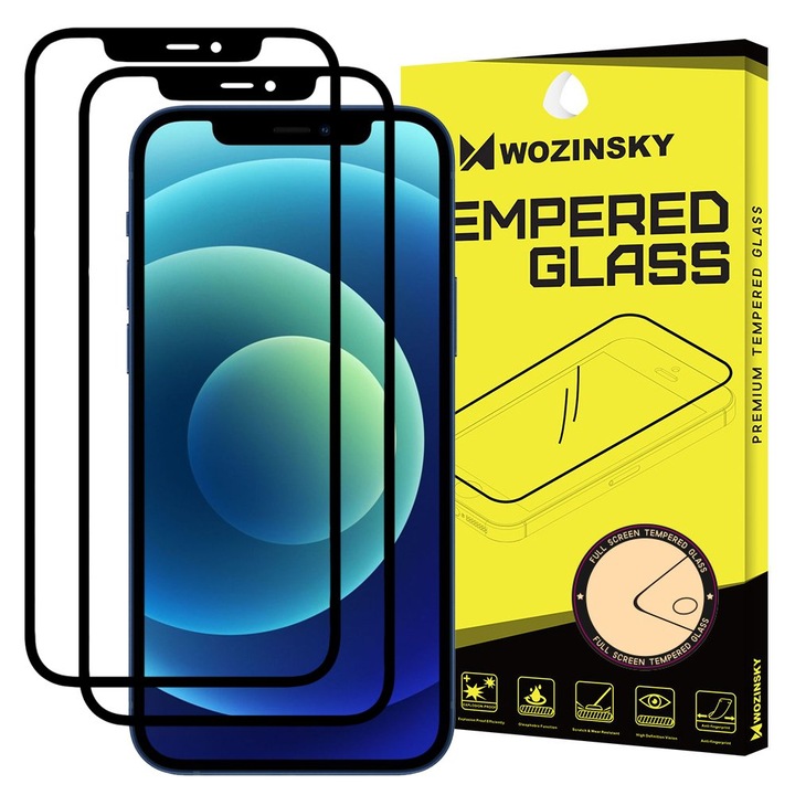 Стъклен протектор Wozinsky 2 броя Tempered Glass Full Glue Super Tough за iPhone 12 Pro, iPhone 12, черен
