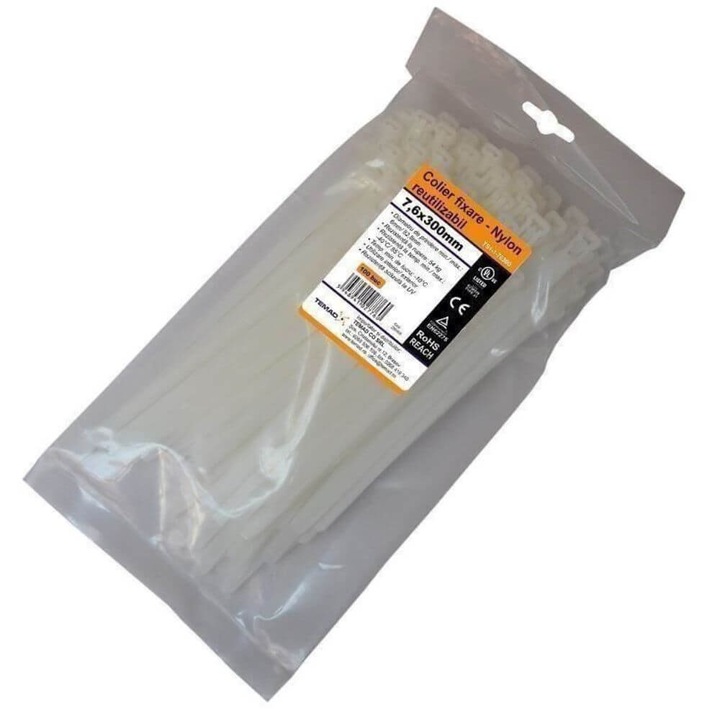 Set Coliere Fixare Nylon, 7.6 x 300mm, 100 Buc/Set, Alb, Reutilizabile