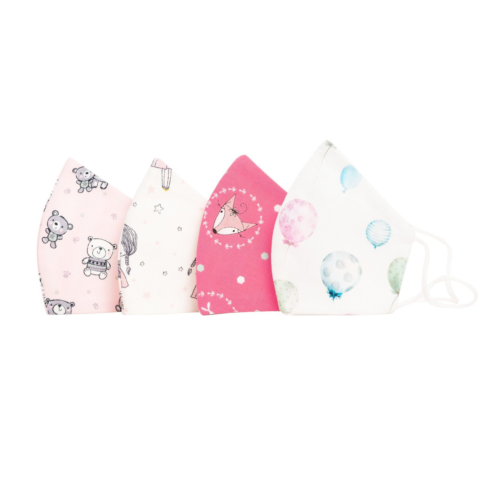 Set 4 Masti protectie faciala COPII, model PINK FOX, reutilizabile, bumbac, 3 straturi, anatomice, cu elastic