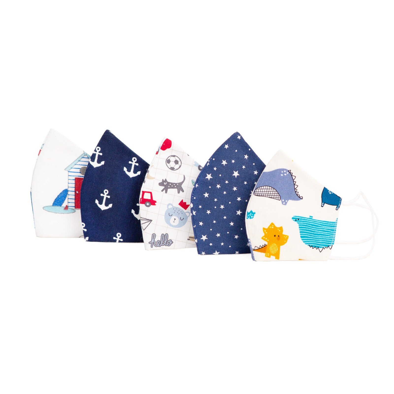 Set 5 Masti protectie fata bumbac COPII, BLUE DINO, reutilizabile, 3 straturi, anatomice, cu elastic, copii